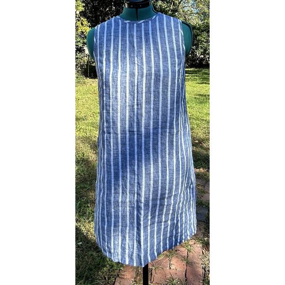 St. Tropez West Sz 10 100% Linen Women's Blue White Stripe Casual Shift Dress - Picture 3 of 6